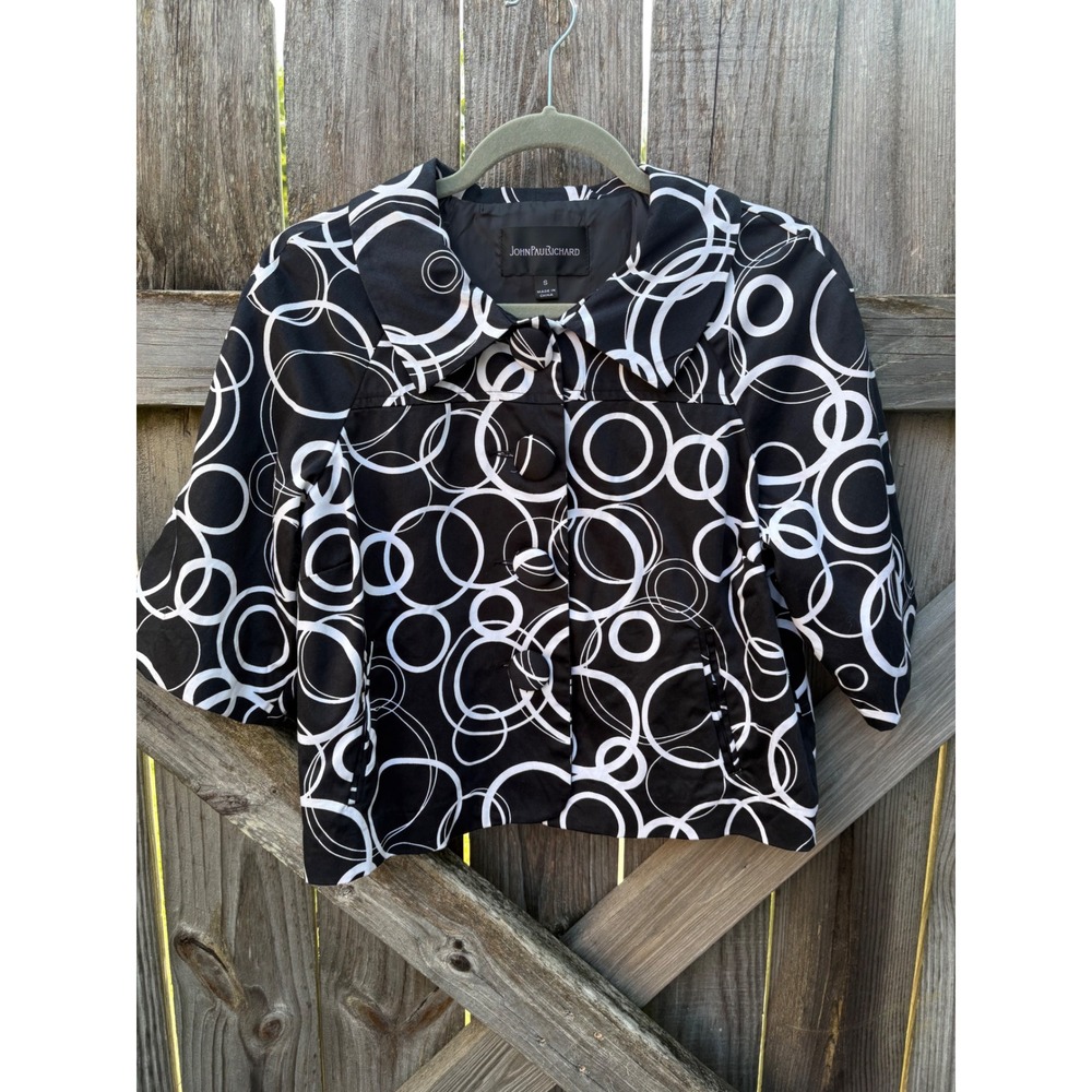 JohnPaulRichard Black White Circle Print Cropped Jacket Blazer Small M1249019